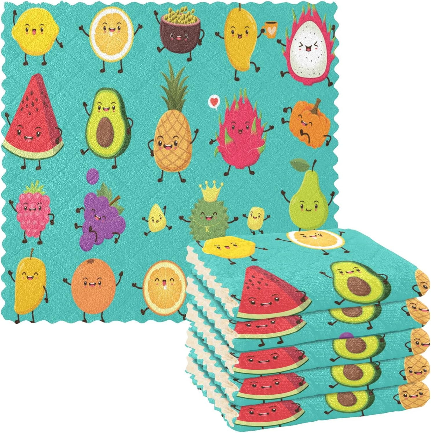 Fruits Cartoon Print Dish Cloths 6 Pack Dish Towels Reusable Cleaning