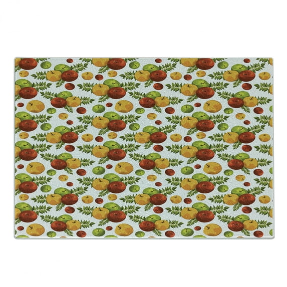 Fruits Cutting Board, Apple Harvest Theme with Fruit and Leaves Autumn Season, Decorative Tempered Glass Cutting and Serving Board, Small Size, Burnt Sienna Yellow, by Ambesonne