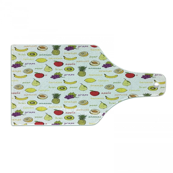 Fruits Cutting Board, Kiwi Banana Plums Lemon Orange Pear Grape Apricot Kitchen Food Print, Decorative Tempered Glass Cutting and Serving Board, Wine Bottle Shape, Purple Yellow Ruby, by Ambesonne