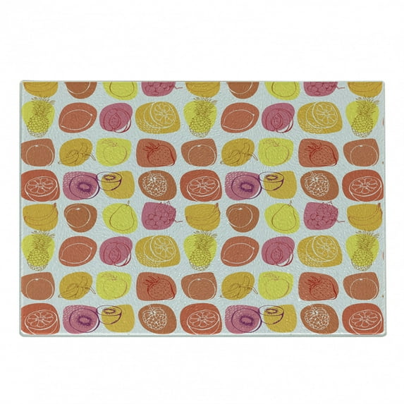 Fruits Cutting Board, Retro Pineapple Lemon Kiwi Raspberry Pop Art Modern Food Caricature Graphic, Decorative Tempered Glass Cutting and Serving Board, Small Size, Multicolor, by Ambesonne