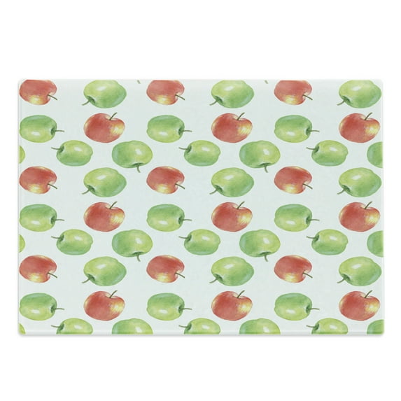 Fruits Cutting Board, Watercolor Illustration of Granny Smiths and Celesta Brush Strokes Effect, Decorative Tempered Glass Cutting and Serving Board, Large Size, Dark Coral Apple Green, by Ambesonne