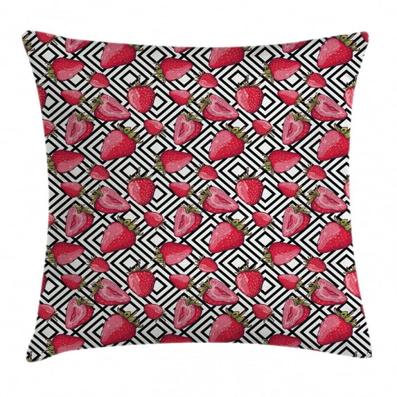 Fruits Decor Throw Pillow Cushion Cover, Strawberries on Minimalist Chevron Striped Pattern Juicy Food Womanly Image, Decorative Square Accent Pillow Case, 18 X 18 Inches, Black White, by Ambesonne