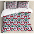 thumbnail image 1 of Fruits Duvet Cover Set, Geometrical Abstract Style Cherry Silhouettes Leafy Branches Botany, Decorative 3 Piece Bedding Set with 2 Pillow Shams, Calking Size, Dark Pink Blue Grey Green, by Ambesonne, 1 of 3