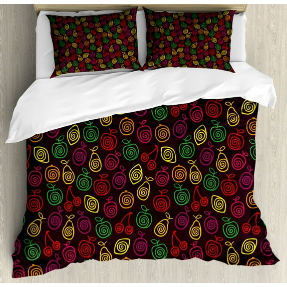 Fruits Duvet Cover Set King Size, Cute Doodle Apples Cherries Pears Spiral Featured Fresh Kitchen Creative Artsy Print, Decorative 3 Piece Bedding Set with 2 Pillow Shams, Multicolor, by Ambesonne