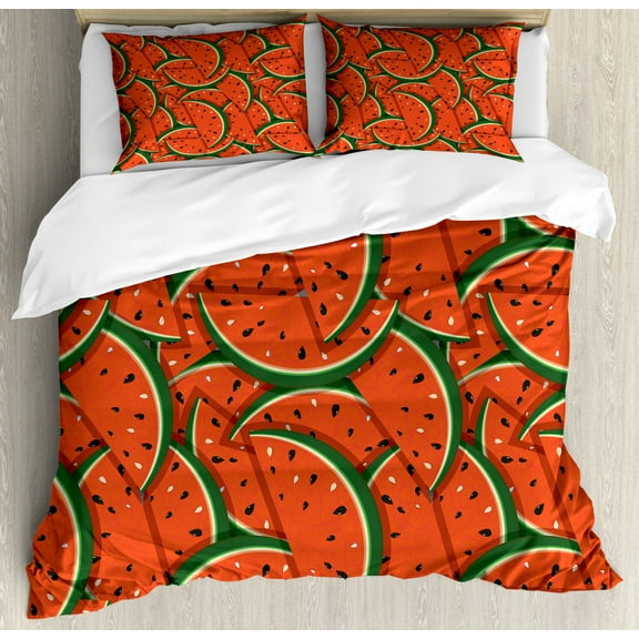 Fruits Duvet Cover Set King Size, Watermelon Slices Summer Tropical Organic Yummy Artsy Design, Decorative 3 Piece Bedding Set with 2 Pillow Shams, Vermilion Hunter Green Champagne, by Ambesonne