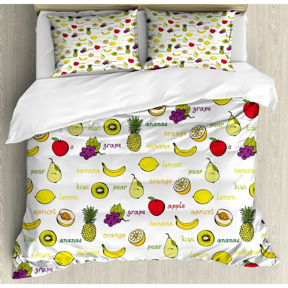 Fruits Duvet Cover Set Queen Size, Kiwi Banana Plums Lemon Orange Pear Grape Apricot Kitchen Food Print, Decorative 3 Piece Bedding Set with 2 Pillow Shams, Yellow Cream Purple Ruby, by Ambesonne