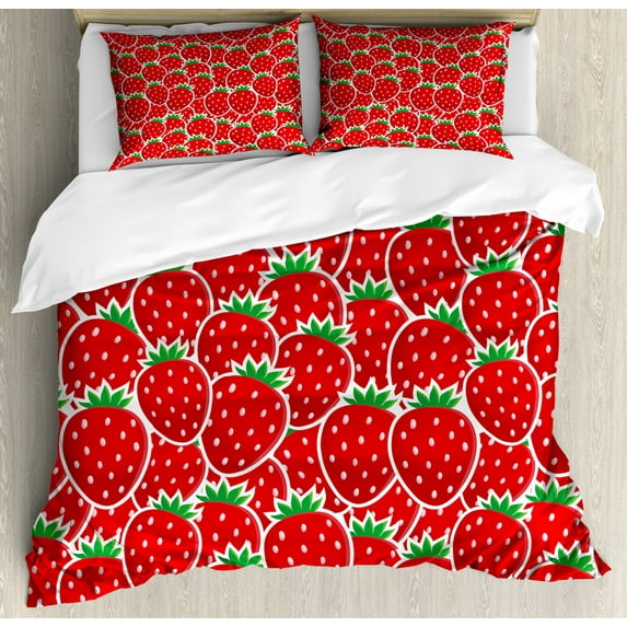 Fruits Duvet Cover Set Queen Size, Strawberry Themed Botany Seeds Yummy Food Organic Growth Diet Health Print, Decorative 3 Piece Bedding Set with 2 Pillow Shams, Red Hunter Green, by Ambesonne