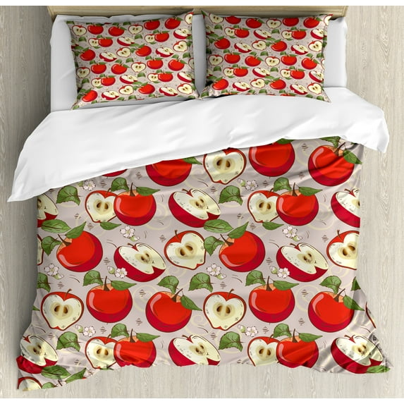 Fruits Duvet Cover Set, Spring Apple Slices of Flower Leaves Healthy Food Garden Harvest Pattern, Decorative 3 Piece Bedding Set with 2 Pillow Shams, Calking Size, Green Dust Vermilion, by Ambesonne
