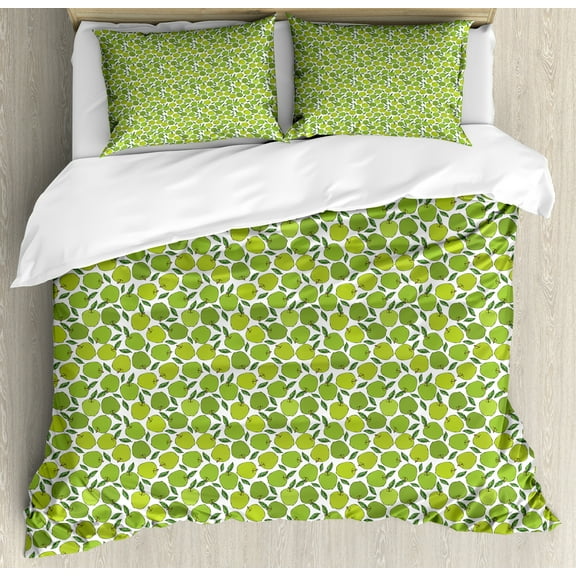 Fruits Duvet Cover Set, Summer Eat Apples Pattern Home Brew Autumn Season Juicy Organic Fresh Diet, Decorative 3 Piece Bedding Set with 2 Pillow Shams, Calking Size, Fern Green and White, by Ambesonne