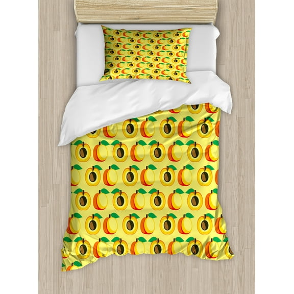 Fruits Duvet Cover Set, Symmetrical Pattern Illustration of Apricots as Whole and Half, Decorative 2 Piece Bedding Set with 1 Pillow Shams, Twin Size, Pastel Yellow Orange and Green, by Ambesonne
