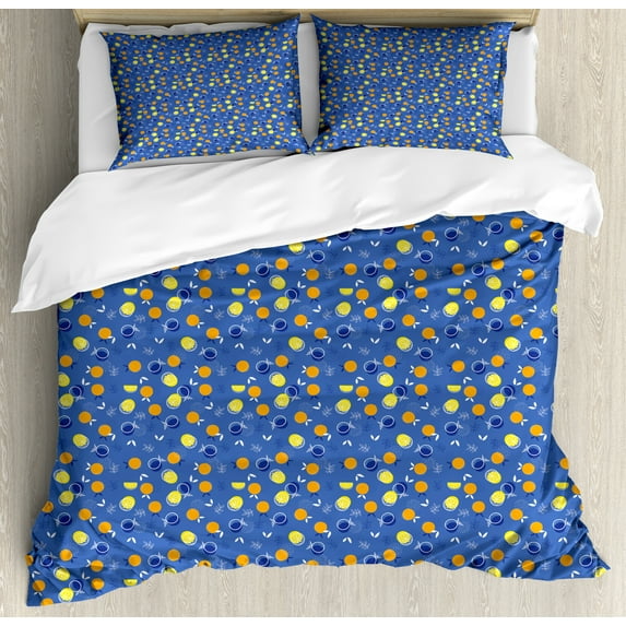 Fruits Duvet Cover Set, Vibrant Oranges and Lemons Silhouettes with Mini Polka Dots, Decorative 3 Piece Bedding Set with 2 Pillow Shams, Calking Size, Violet Blue Orange, by Ambesonne