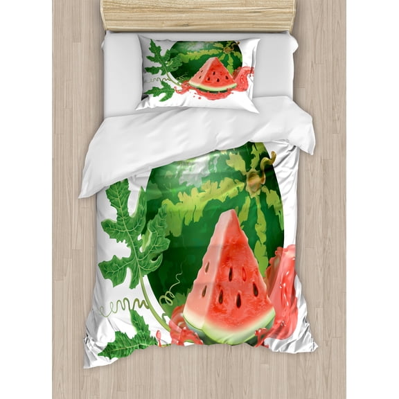 Fruits Duvet Cover Set, Whole and Sliced Watermelon Leaves Juicy Wave Illustration Print, Decorative 2 Piece Bedding Set with 1 Pillow Shams, Twin Size, Fern Green Coral and White, by Ambesonne
