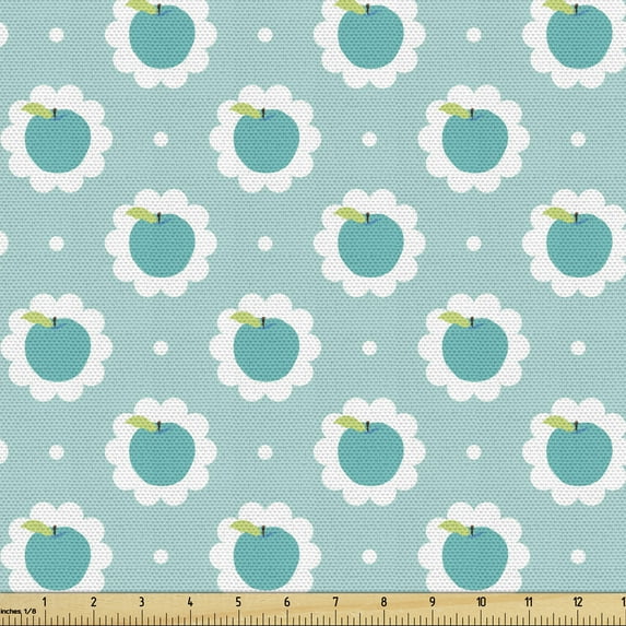 Ambesonne Fruits Fabric by the Yard Upholstery, Apples Dots and Flowers, 1 Yard, Turquoise Seafoam