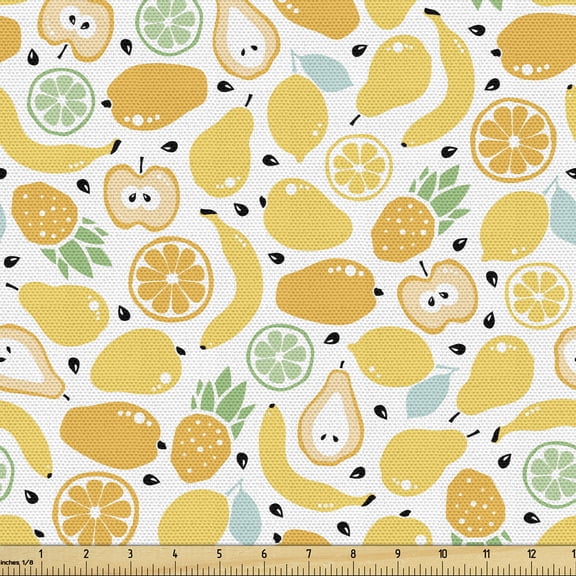 Fruits Fabric by the Yard, Bananas Lemons Apples Oranges Pears Pineapples, Decorative Upholstery Fabric for Sofas and Home Accents, Mustard Pale Orange by Ambesonne