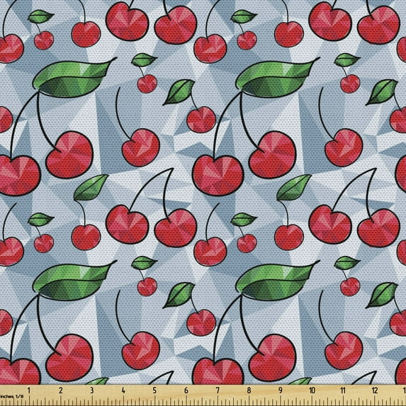 Ambesonne Fruits Fabric by the Yard Upholstery, Geometric Abstract Cherries, 1 Yard, Dark Pink Blue Grey Green
