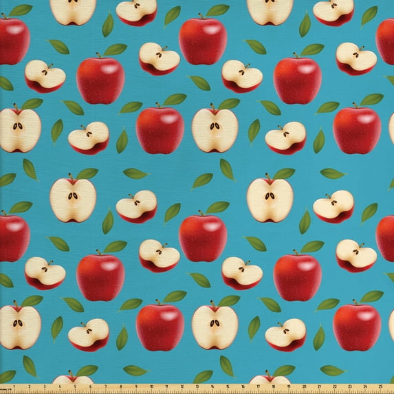 Ambesonne Fruits Fabric by the Yard Upholstery, Red Delicious Apples Motif, 5 Yards, Cream Blue and Ruby