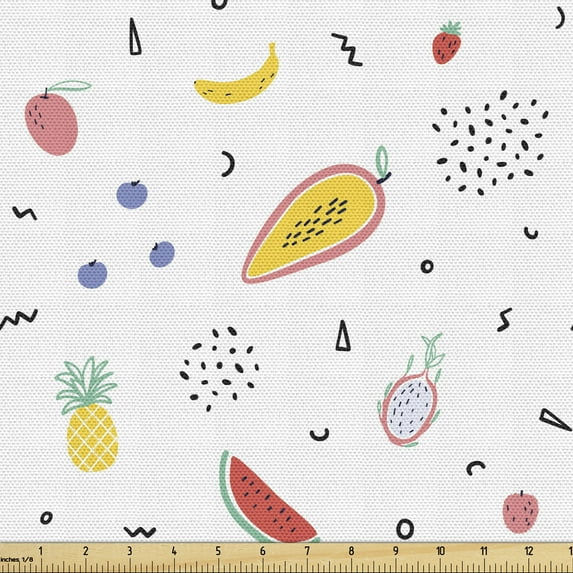Ambesonne Fruits Fabric by the Yard Upholstery, Hand Drawn Tropical Items, 2 Yards, Multicolor
