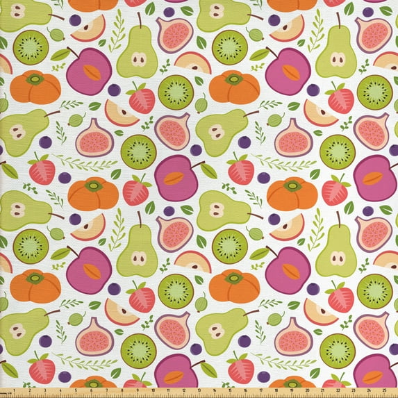 Fruits Fabric by the Yard, Summer Fruits Pattern with Pears Figs Strawberries and Kiwi Exotic Arrangement, Upholstery Fabric for Dining Chairs Home Decor Accents, Multicolor by Ambesonne