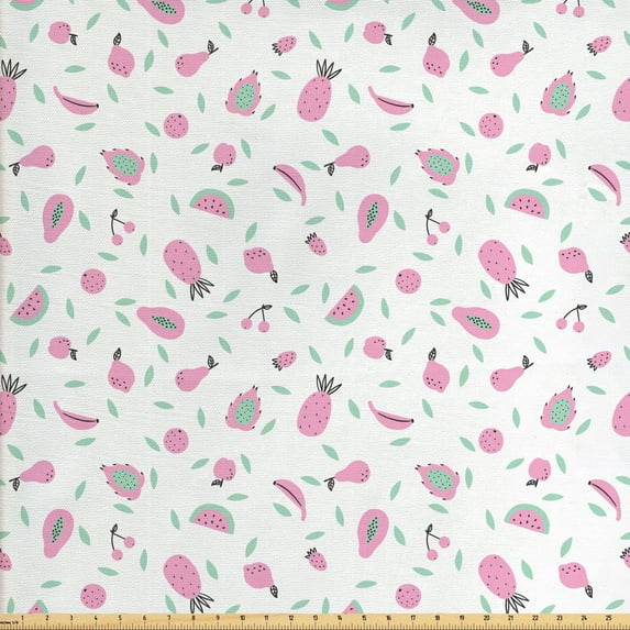 Ambesonne Fruits Fabric by the Yard Upholstery, Tropical Pineapples Cherries, 5 Yards, Pale Pink Mint Green