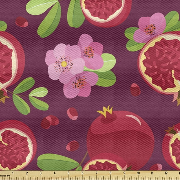 Ambesonne Fruits Fabric by the Yard Upholstery, Pomegranate Slices Flowers, 1 Yard, Pink and Multicolor
