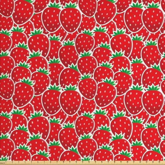Ambesonne Fruits Fabric by the Yard Upholstery, Yummy Strawberry Botany, 3 Yards, Hunter Green and Red