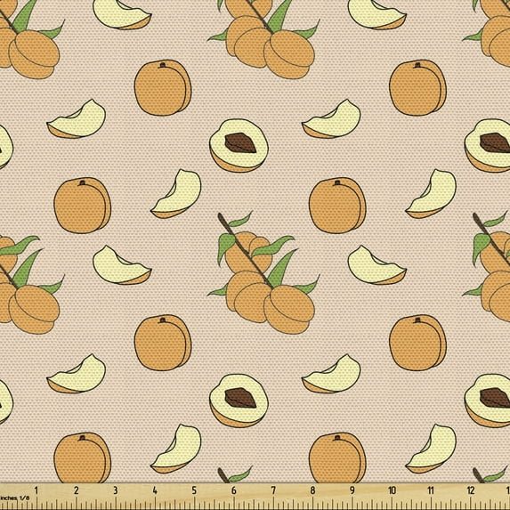 Fruits Fabric by the Yard Upholstery, Whole and Half Peach Images and Small Leaves in Cartoon Style on Blush Background, Decorative Fabric for DIY and Home Accents, Multicolor by Ambesonne