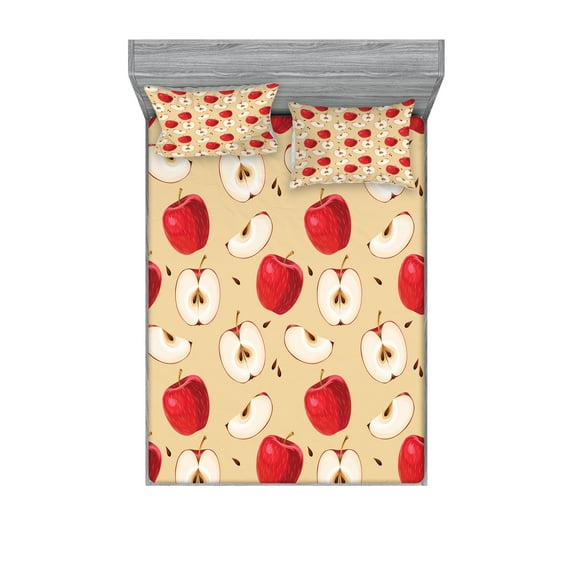 Fruits Fitted Sheet & Pillow Sham Set, Fresh Fruit Slices ed Backdrop Pie Ingredients Vegetarian Way of Life, Decorative Printed 6 Piece Bedding Decor Set, Calking, Cream Red Beige, by Ambesonne