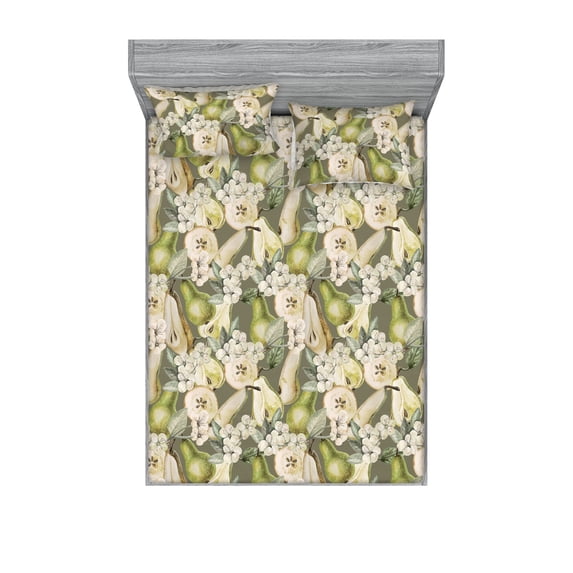 Fruits Fitted Sheet & Pillow Sham Set, Nature Vibes Pear Illustrations with Floral Ornaments Garden Scene Print, Decorative Printed 3 Piece Bedding Decor, Full, Apple Green Champagne, by Ambesonne