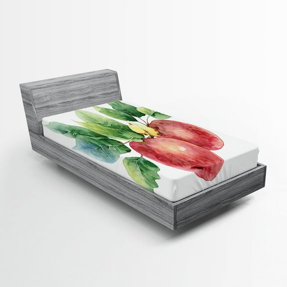 Fruits Fitted Sheet, Watercolor Art Style Branch with Green Leaves and Ripe Organic, Decorative Soft Bedding All-round Elastic Pocket, Twin XL Size, Dark Coral Green White, by Ambesonne