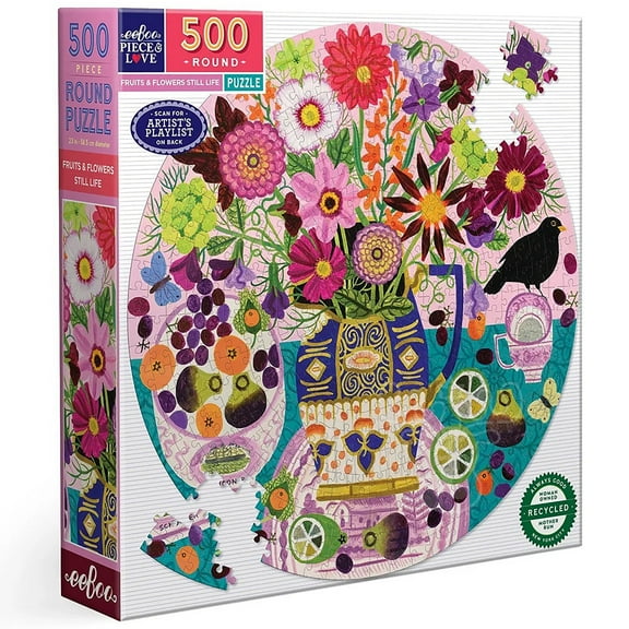 eeBoo Piece & Love: Fruits & Flowers - 500 Piece Puzzle - Adult Round Jigsaw, 23" Diameter, Includes Image Reference Insert, High-Quality Pieces