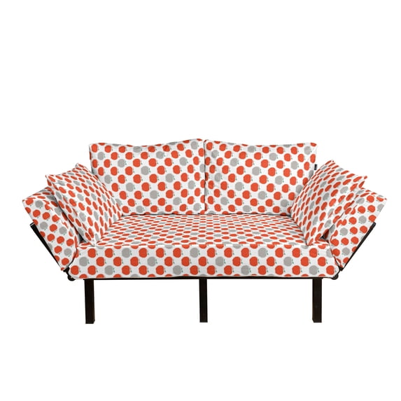 Fruits Futon Couch, Doodle Style Fruit Silhouettes Healthy Apple Sketches Agriculture, Daybed with Metal Frame Upholstered Sofa for Living Dorm, Loveseat, Scarlet Pale Grey Teal, by Ambesonne