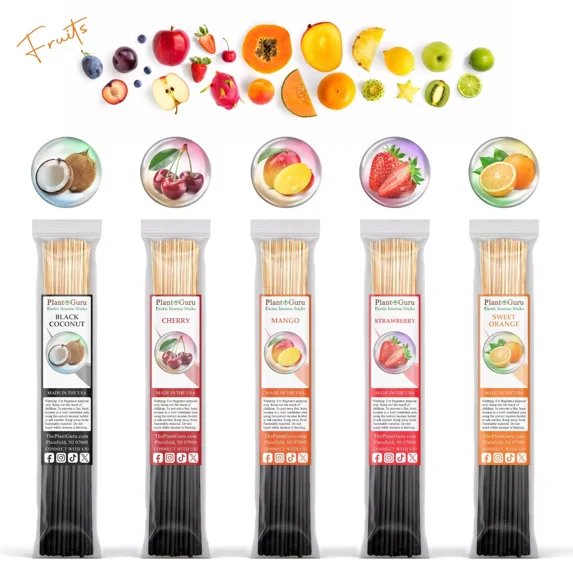 Fruits Incense Sticks Variety Set 500 Pack Sampler 11" Sticks - 5 Bundles of 100 Sticks Per Bundle. Set Includes - Black Coconut, Cherry, Mango, Strawberry and Sweet Orange