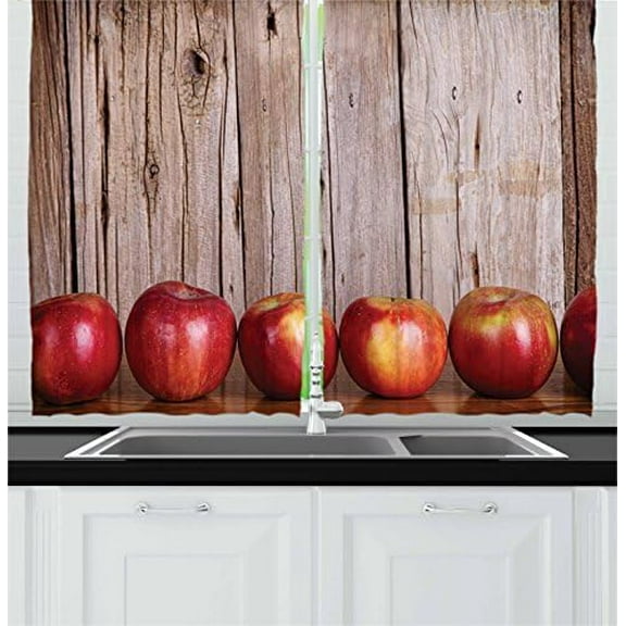Fruits Kitchen Curtains, Apples in a Row Against a Rustic Vintage Wooden Timber Wall Delicious Artwork Print, Window Drapes 2 Panel Set for Kitchen Cafe Decor, 55" X 39", Brown Red