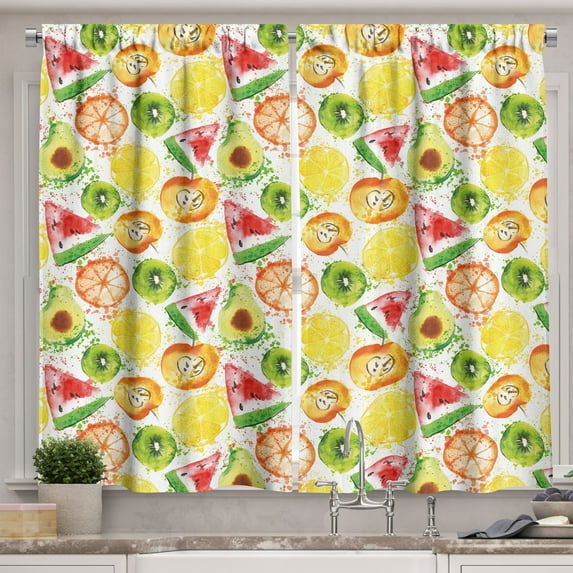 Fruits Kitchen Curtains, Paintbrush Mixed Plants Splash Watermelon Peach Avocado Design, Two Panels Drapes with Rod Pocket Room Decor, 55" X 45", Yellow Orange Fern Green, by Ambesonne