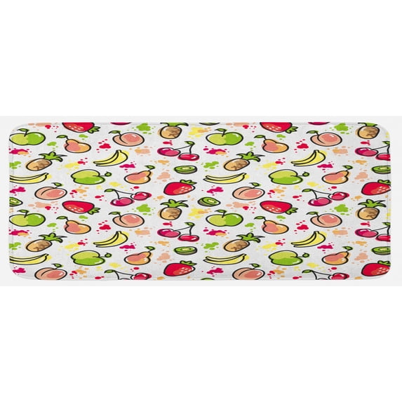 Fruits Kitchen Mat, Watercolor Pear Cherries Kiwi Apple Brushstroke Splashes Kitchen, Plush Decorative Kitchen Mat with Non Slip Backing, 47" X 19", Peach Lime Green Red, by Ambesonne