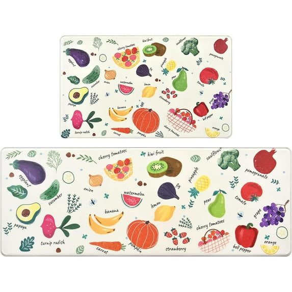 Fruits Kitchen Rugs Set of 2, Anti-Fatigue Lemon Washable Kitchen Mats Waterproof Non-Slip Kitchen Mats Spring Summer Kitchen Floor Mat for Sink, Kitchen, Laundry 17x29 +17x47 Inch