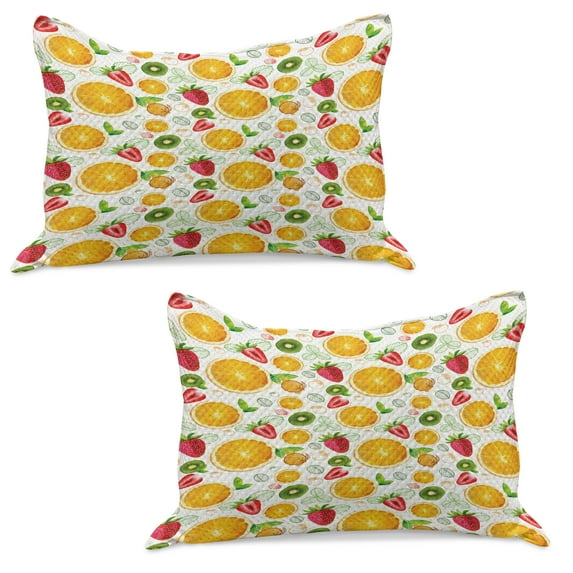 Fruits Knitted Quilt Pillowcover Set of 2, Citrus Kiwi Lemon Leaves Apricot Watermelon Fresh Exotic Kitchen, Standard Queen Pillow Sham Bedroom, 30" x 20", Earth Yellow Lime Green, by Ambesonne