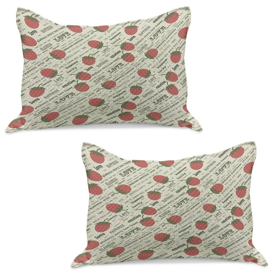 Fruits Knitted Quilt Pillowcover Set of 2, Retro Valentine Theme with Strawberry Love Happiness Merry Lucky Image, Standard Queen Pillow Sham Bedroom, 30" x 20", Eggshell Ruby Army Green, by Ambesonne