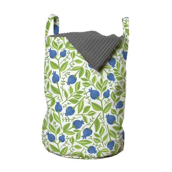 Fruits Laundry Bag, Flowering Blueberry Blossoms Vivid Leaf Branches Nature Plants Design, Basket with Handles Drawstring Closure for Laundromats, 13" x 19", Violet Blue Lime Green, by Ambesonne