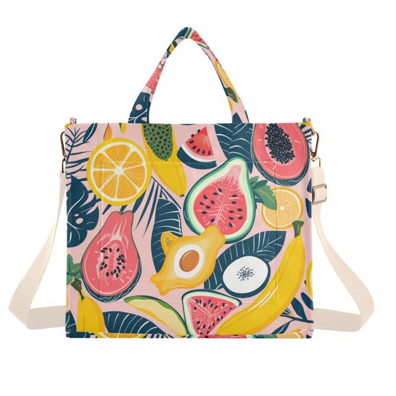 Fruits Leaves Corduroy Tote Bag Handbag Large Messenger Bag Shoulder Crossbody Zipper Bag Purse