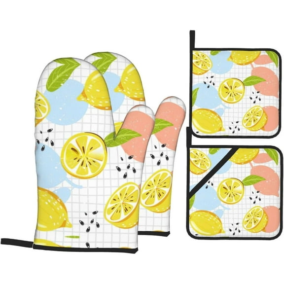 Fruits Lemon Print Oven Mitts and Pot Holders Sets 4 Piece Set Kitchen Women Men Cooking Baking Microwave Heat Resistant