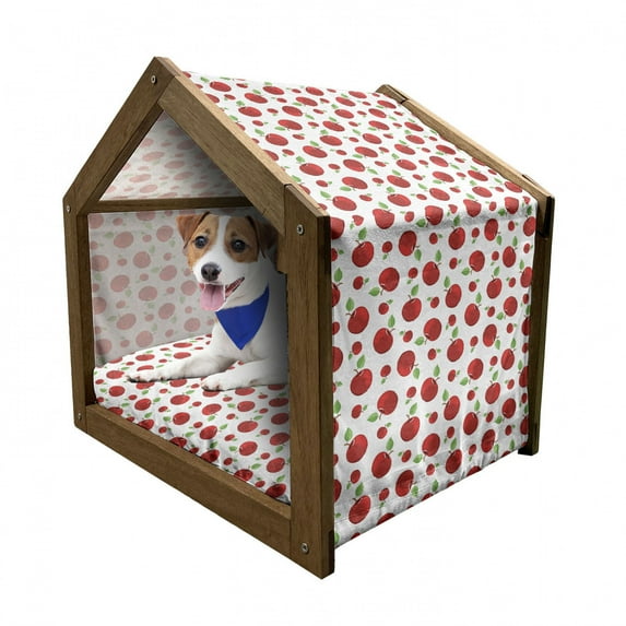 Fruits Pet House, Vivid Colored Cartoon Style Ripe Red Apples Vitamins Taste Healthy Food, Outdoor & Indoor Portable Dog Kennel with Pillow and Cover, 5 Sizes, Red Green White, by Ambesonne