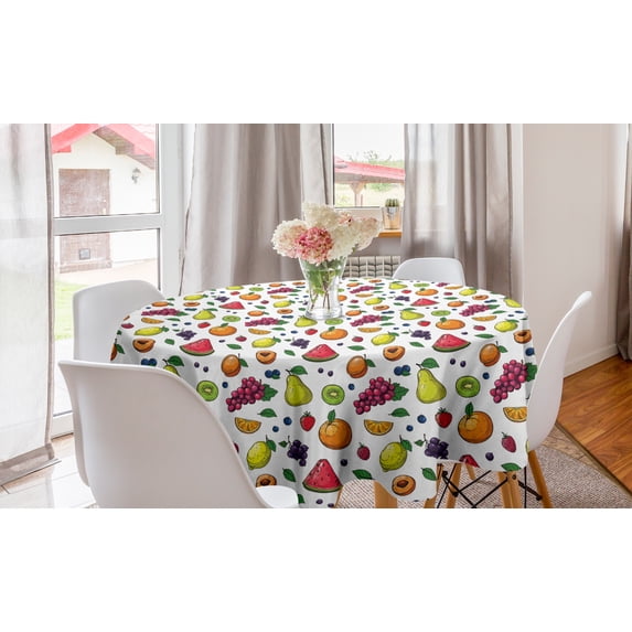 Fruits Round Tablecloth, Grapes Kiwi Orange Lemon Pear Watermelon Slice Strawberry Tasty Theme Print, Circle Table Cloth Cover for Dining Room Kitchen Decor, 60", White Multicolor, by Ambesonne