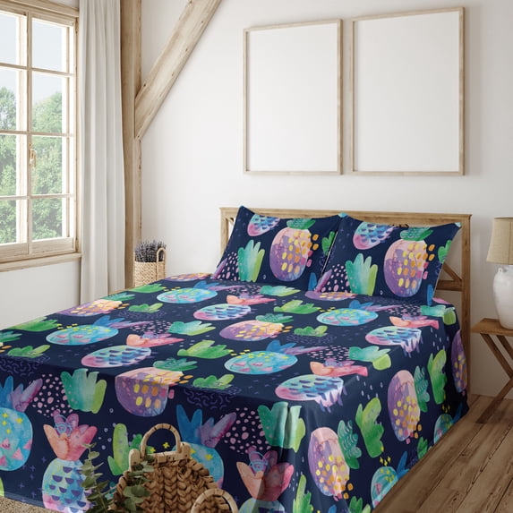 Ambesonne Fruits Fitted & Flat Sheet with Shams 4 Pcs Set, Contemporary Pineapple Art, King, Dark Purple Multicolor