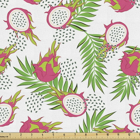 Ambesonne Fruits Fabric by the Yard Upholstery, Dragon Fruit Branches Leaf, 3 Yards, Hot Pink Green and White