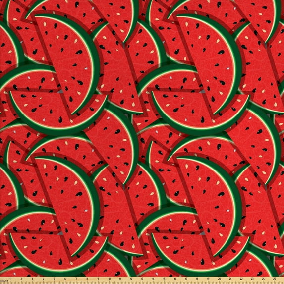 Ambesonne Fruits Fabric by the Yard Upholstery, Yummy Watermelon Slice Print, 10 Yards, Hunter Green Red