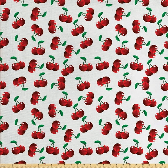 Ambesonne Fruits Fabric by the Yard Upholstery, Vibrant Cherries Summer, 10 Yards, Hunter Green Coconut