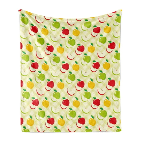 Fruits Soft Flannel Fleece Blanket, Diagonal Checkered Pattern with Apples and Slices Retro Country Kitchen Theme, Cozy Plush for Indoor and Outdoor Use, 60" x 80", Green Red Yellow, by Ambesonne