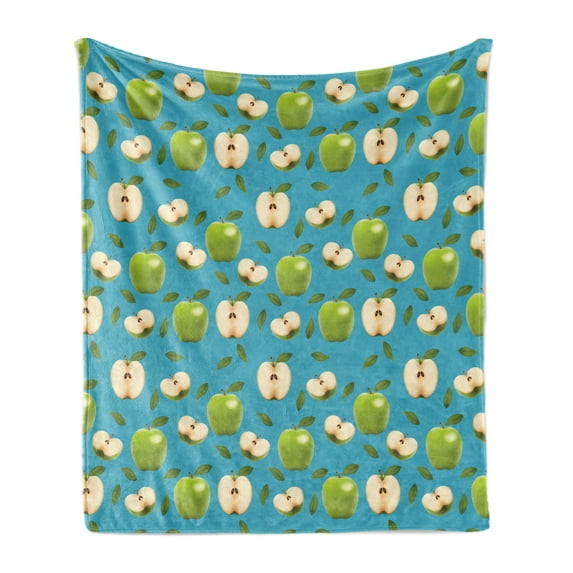 Fruits Soft Flannel Fleece Blanket, Fresh Granny Smith Apples Raw Fruit Ornamental Harvest Winter Season Produces, Cozy Plush for Indoor and Outdoor Use, 70" x 90", Apple Green Teal, by Ambesonne