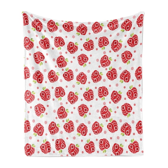 Fruits Soft Flannel Fleece Blanket, Geometric Shapes Patterned Apples Curves and Circles on Dotted Background, Cozy Plush for Indoor and Outdoor Use, 60" x 80", Blush Red Apple Green, by Ambesonne